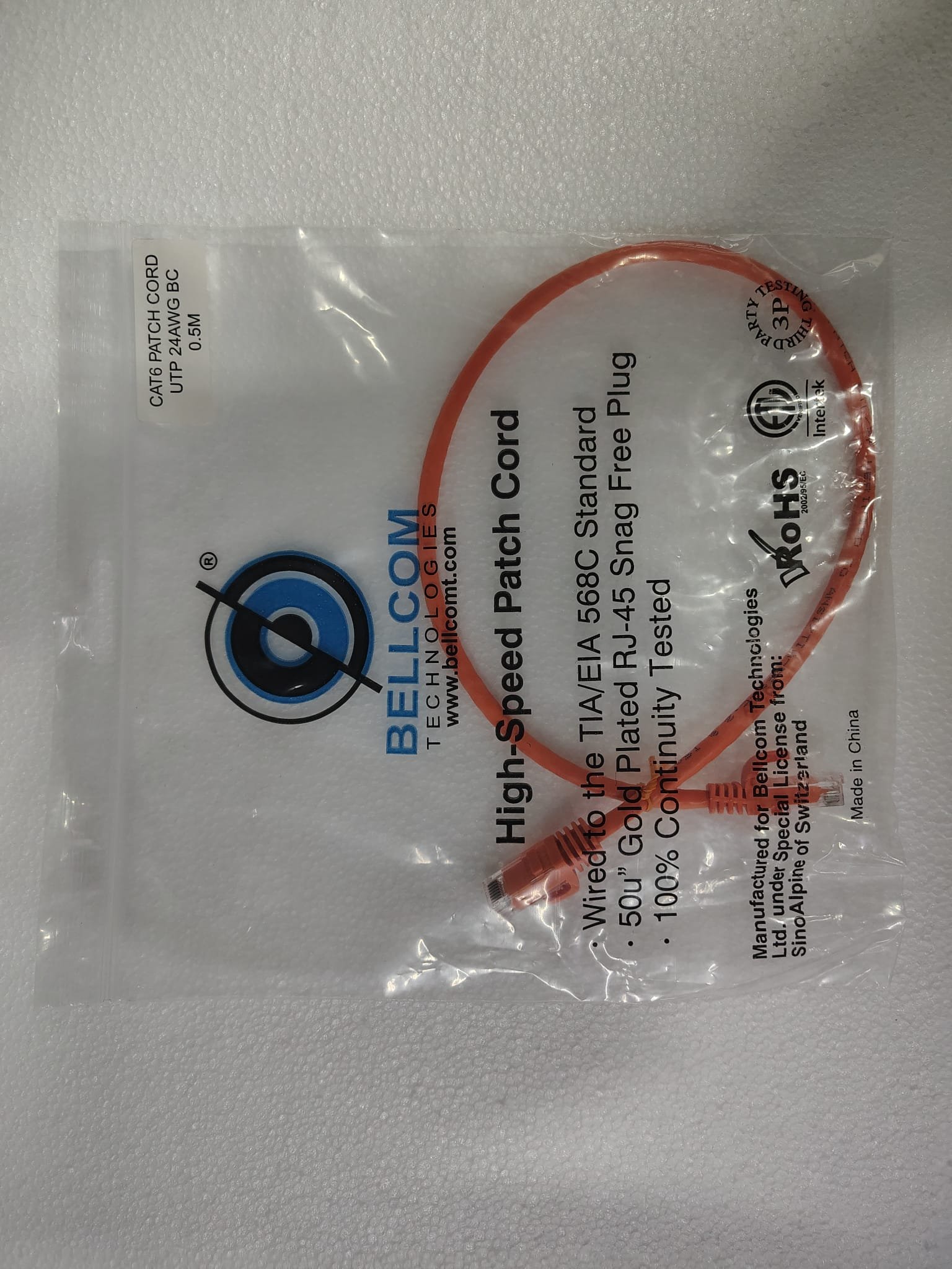 0.5 meter patchcable orange with bag CAT6 Ethernet Patch Cable (UTP, 23AWG, Snagless Head) orange - Image 1