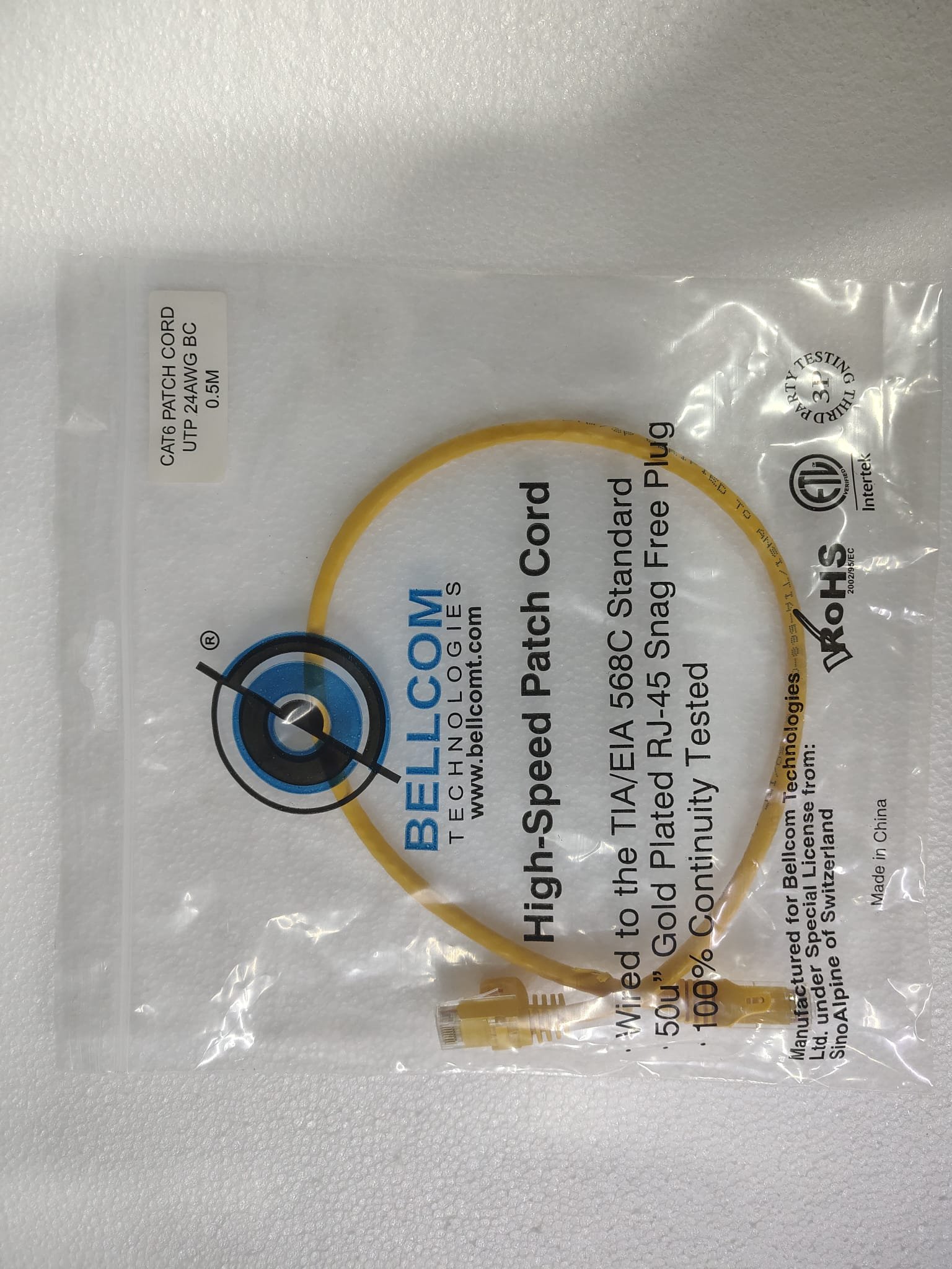 0.5 meter patchcable yellow with bag CAT6 Ethernet Patch Cable (UTP, 23AWG, Snagless Head) yellow - Image 1